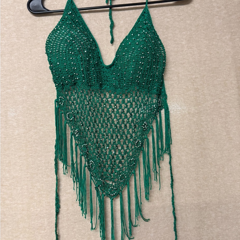 Handmade Green Studded Crochet Halter Top with Fringe